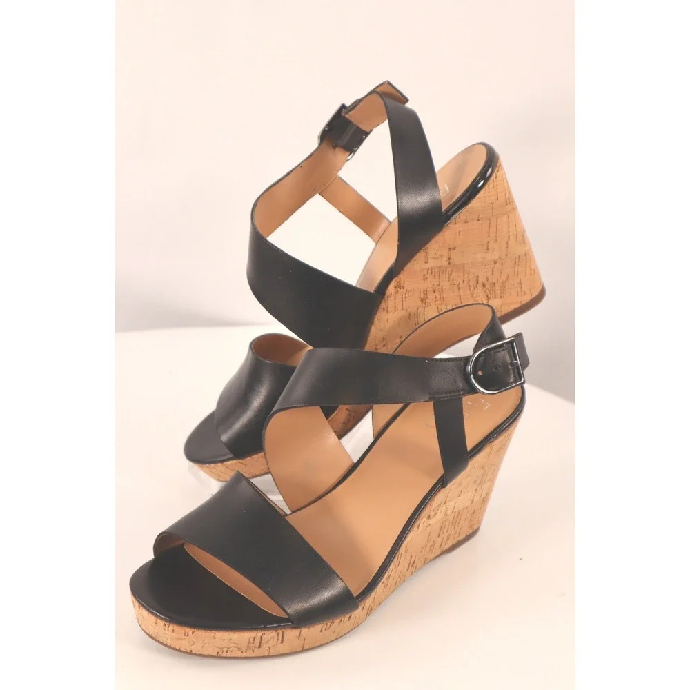 Franco Sarto‎ Marabel Black Leather Cork Wedge Sandals-Size 10